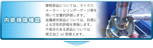 内部損傷確認|摩耗部品については、マイクロメーター・シリンダーゲージ等を用いて定量的評価します。金属疲労部品については、目視による定性的評価を実施します。不具合のある部品については修正加工 or 取替えます。